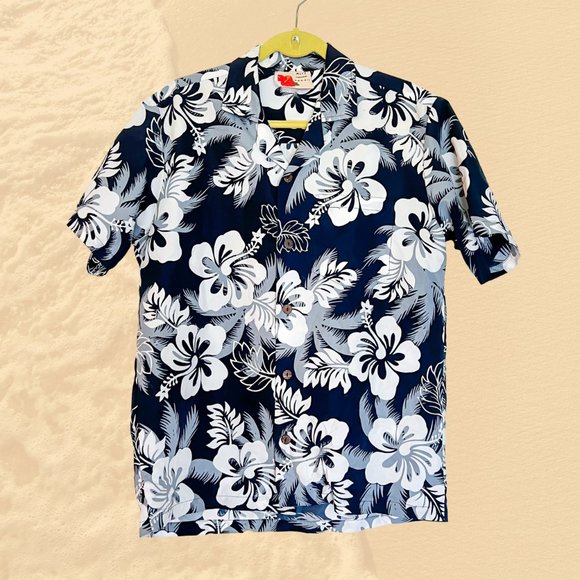 Y2K Navy Blue Hawaiian Shirt Men's M Hibiscus Floral Button Down - Picture 1 of 5
